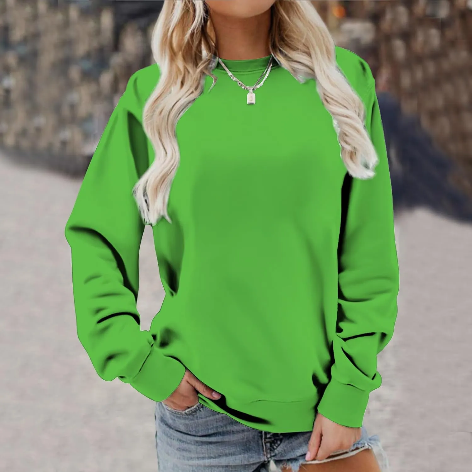 Sweater for Women Round Neck Long Sleeve Sweatshirt Casual Loose Fit Solid Colour Trendy Fall Pullover Tops 2024