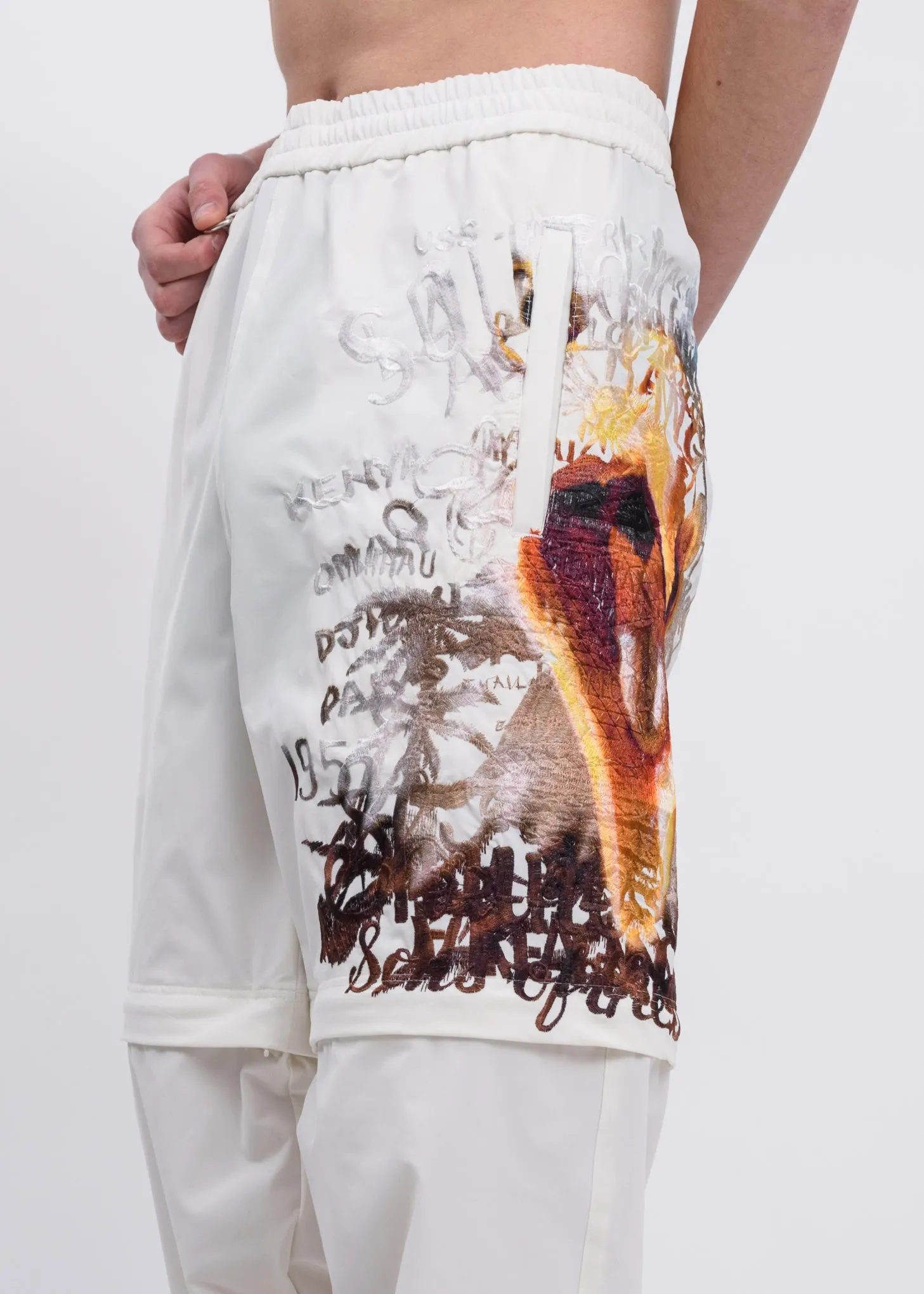 White Printed Chaos Embroidery Two Way Pants