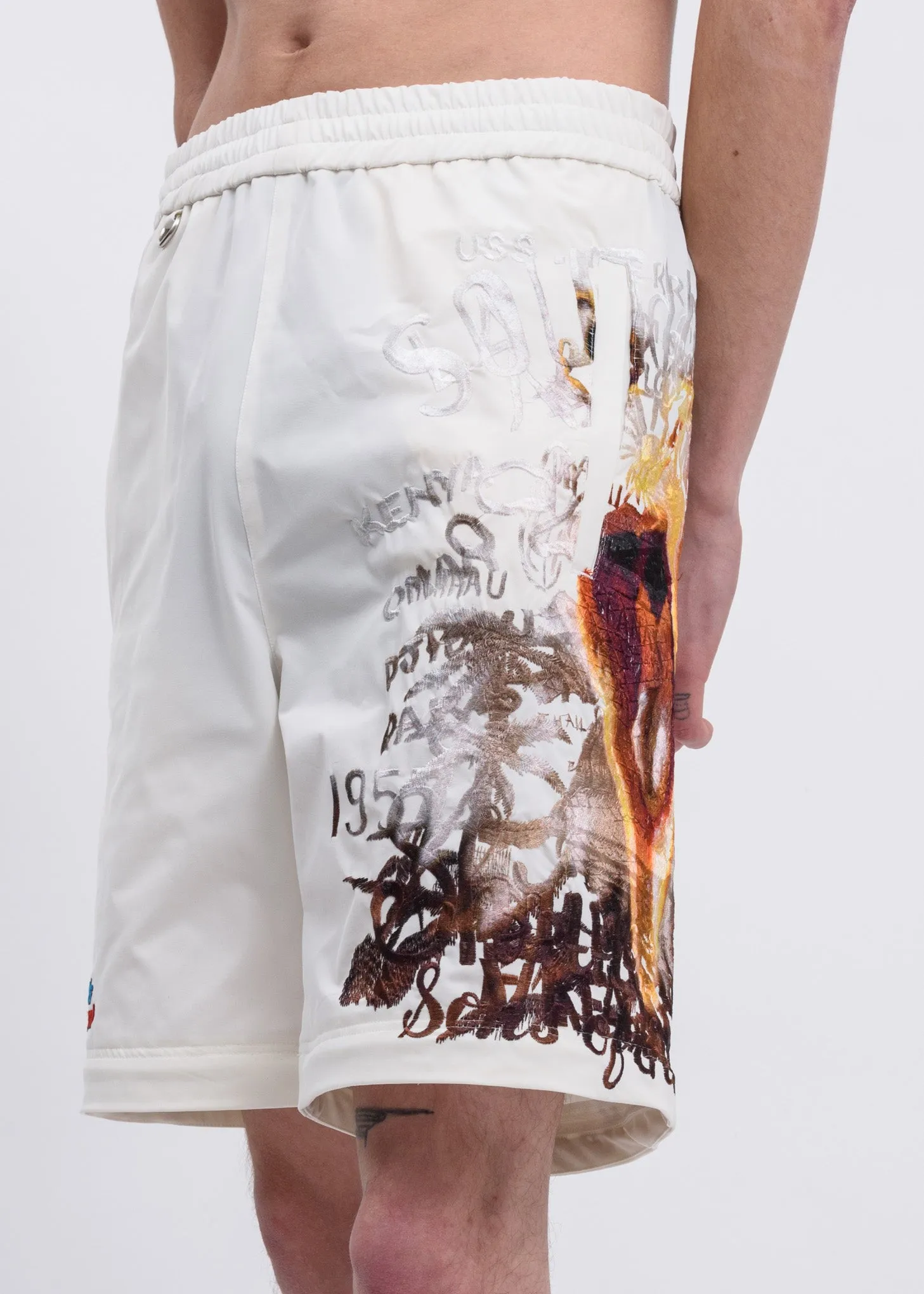 White Printed Chaos Embroidery Two Way Pants