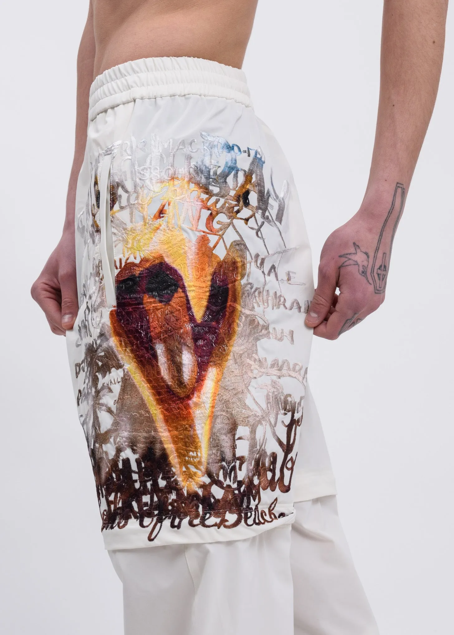 White Printed Chaos Embroidery Two Way Pants
