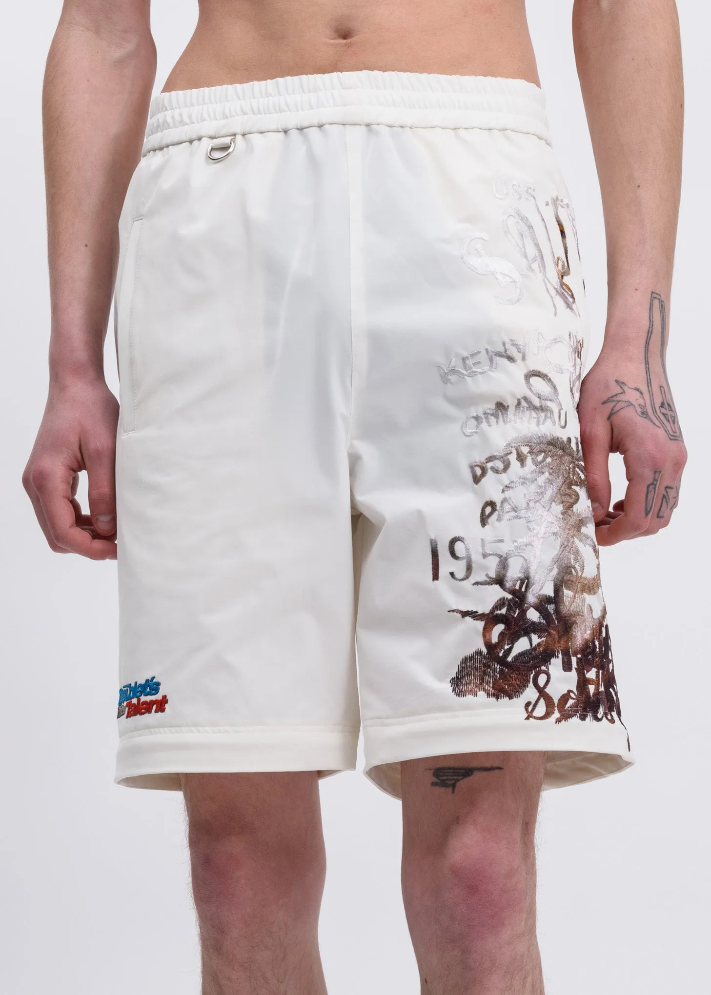 White Printed Chaos Embroidery Two Way Pants