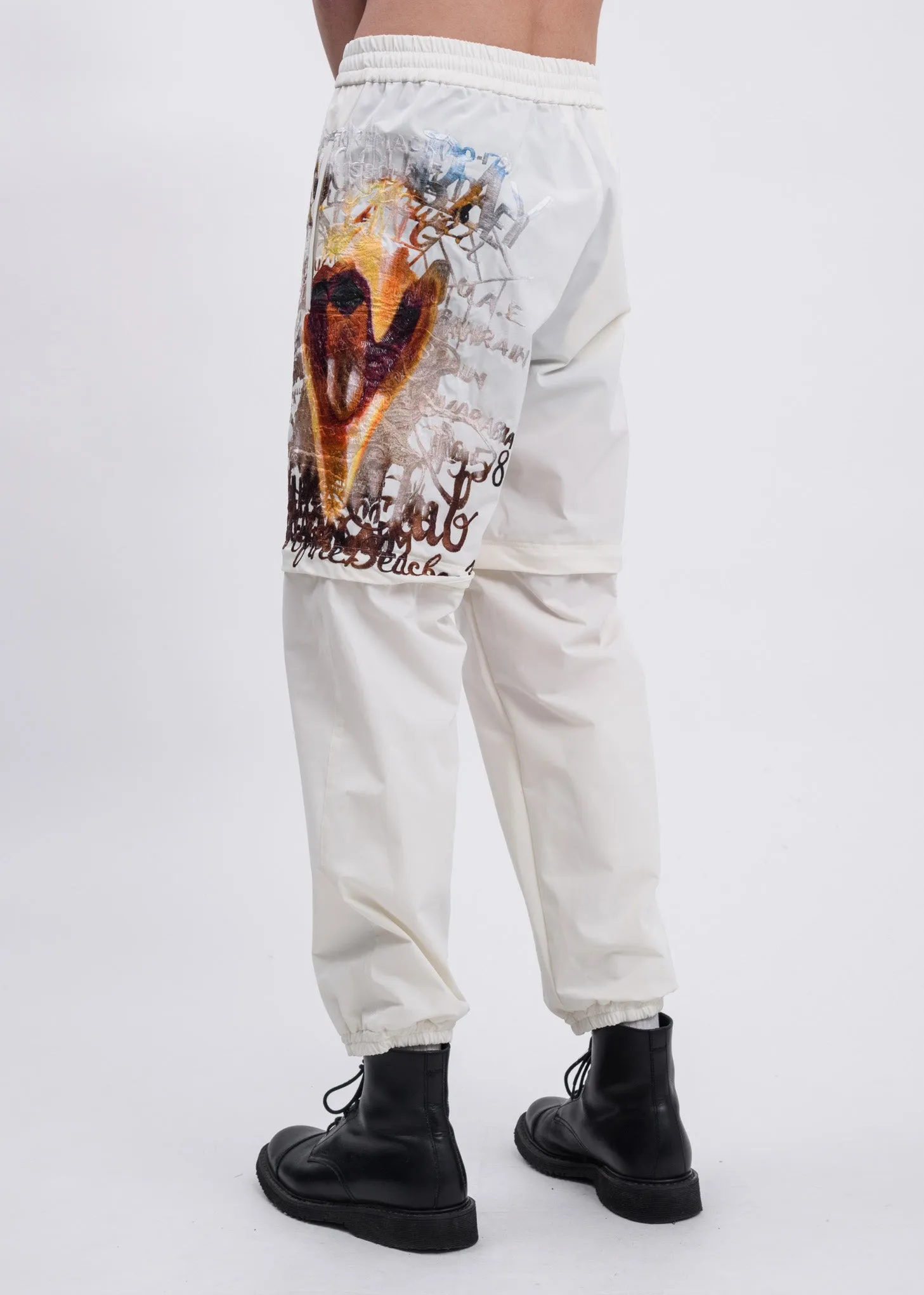 White Printed Chaos Embroidery Two Way Pants