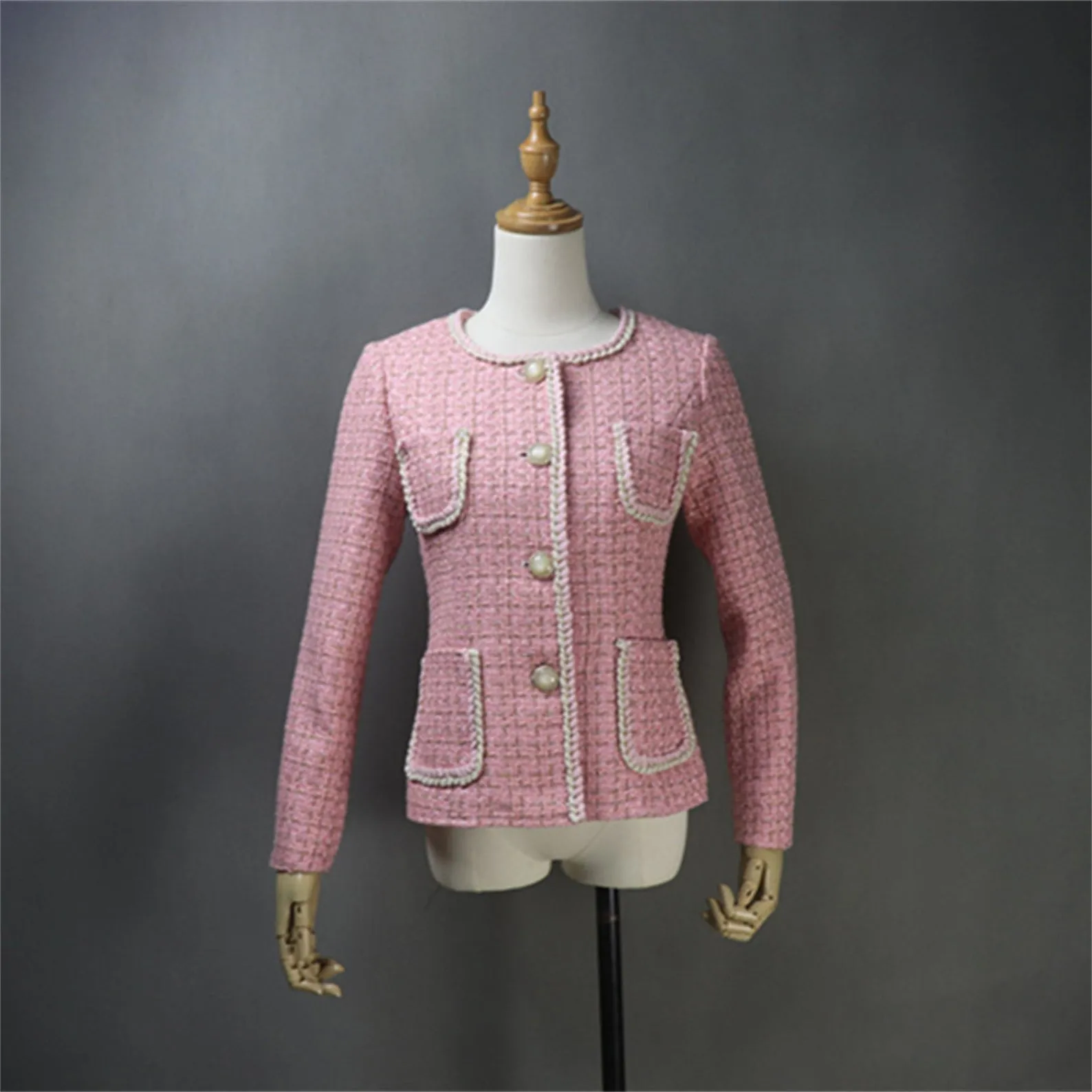 Women Pink Tweed Blazer Sets with Pockets