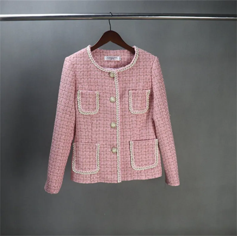 Women Pink Tweed Blazer Sets with Pockets