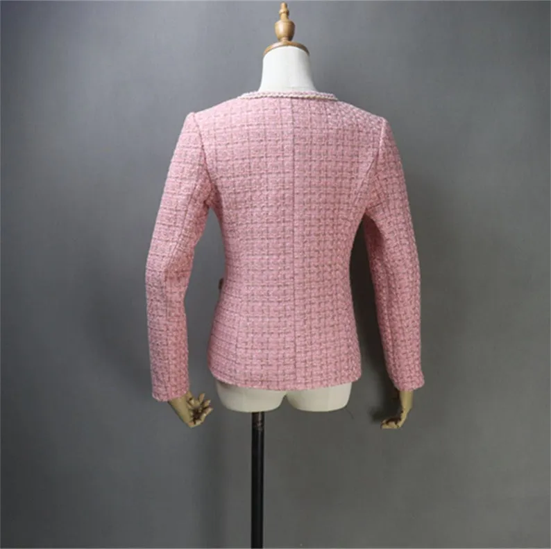 Women Pink Tweed Blazer Sets with Pockets