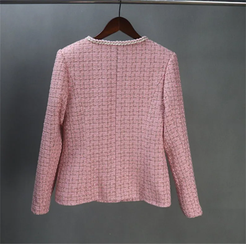 Women Pink Tweed Blazer Sets with Pockets