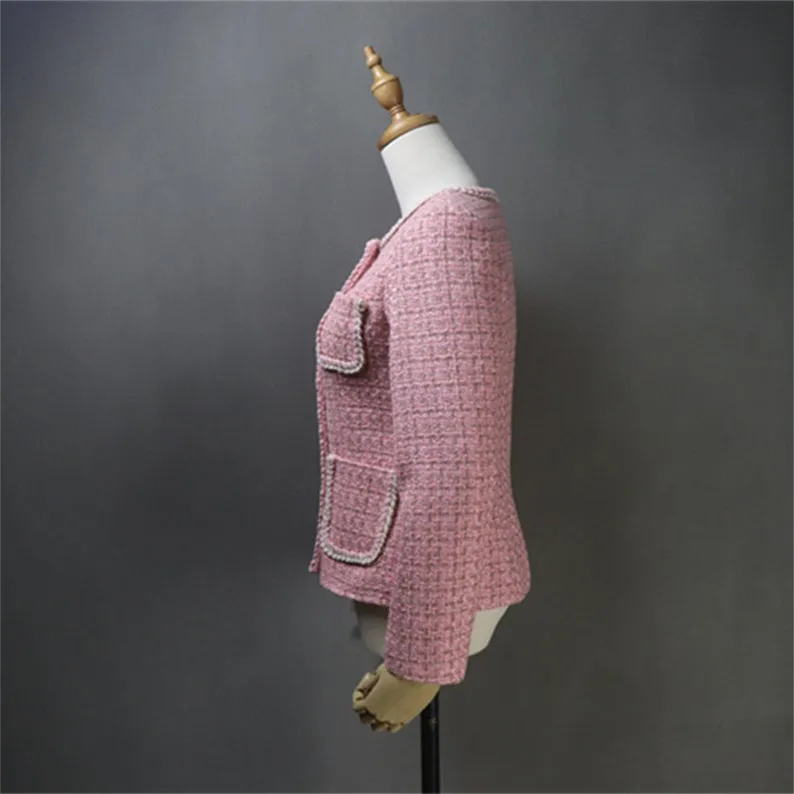 Women Pink Tweed Blazer Sets with Pockets
