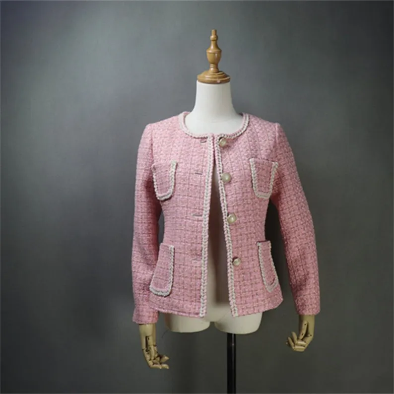 Women Pink Tweed Blazer Sets with Pockets