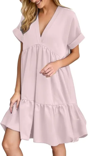 Women V Neck Flowy Babydoll Dresses 2025 Summer Short Sleeve Swing Shift Loose Casual Mini Tunic Dress