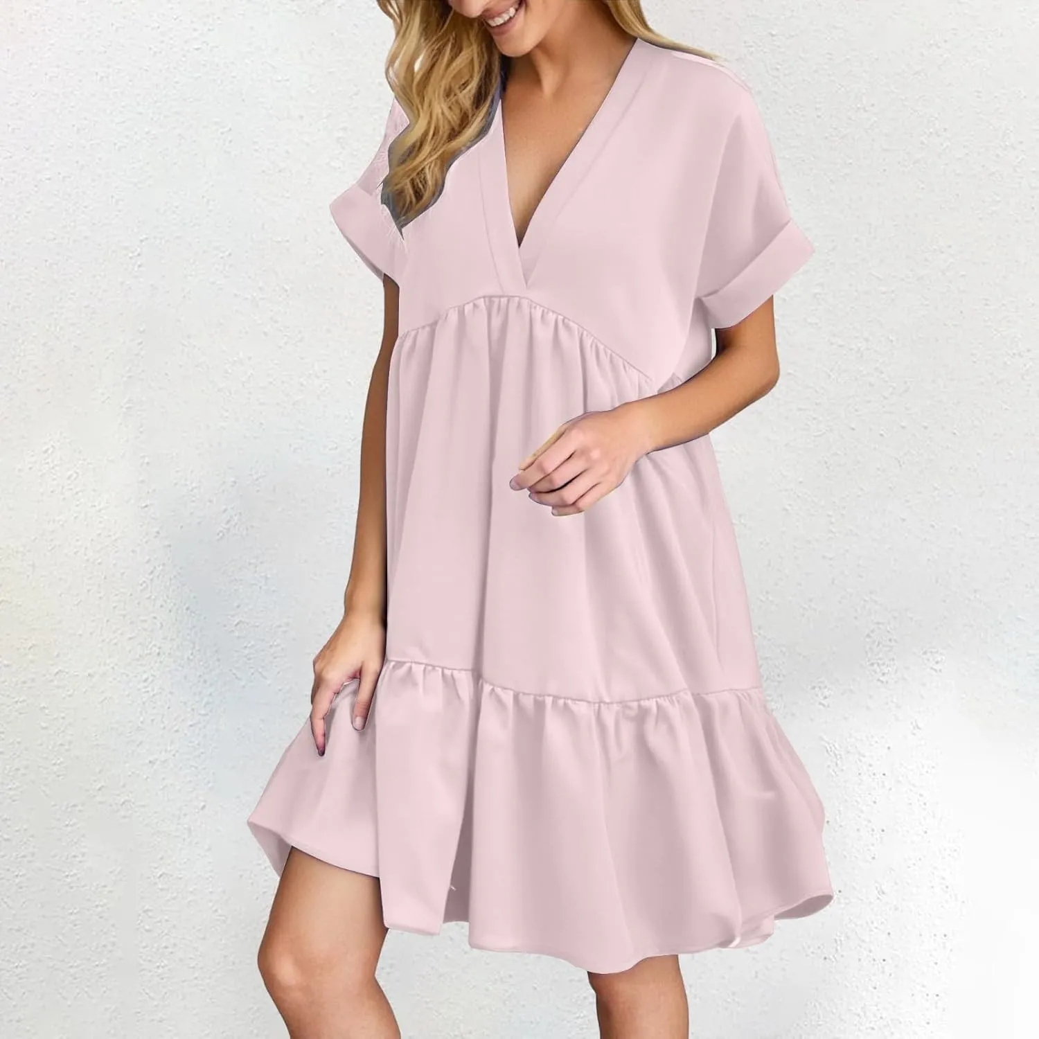 Women V Neck Flowy Babydoll Dresses 2025 Summer Short Sleeve Swing Shift Loose Casual Mini Tunic Dress