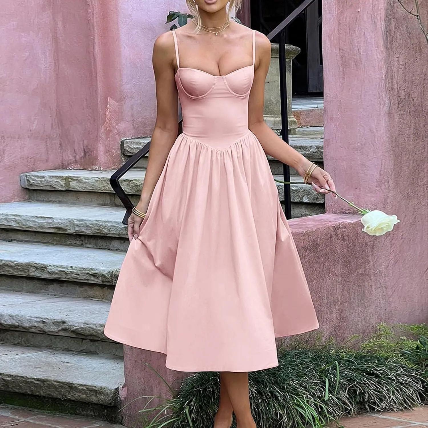 Womens Dress Flowy Pleated Hem Dresses Flowy Midi Dress Swing Party Spaghetti Strap Dresses Travel Vacation Outfits