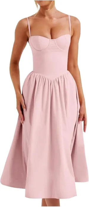 Womens Dress Flowy Pleated Hem Dresses Flowy Midi Dress Swing Party Spaghetti Strap Dresses Travel Vacation Outfits