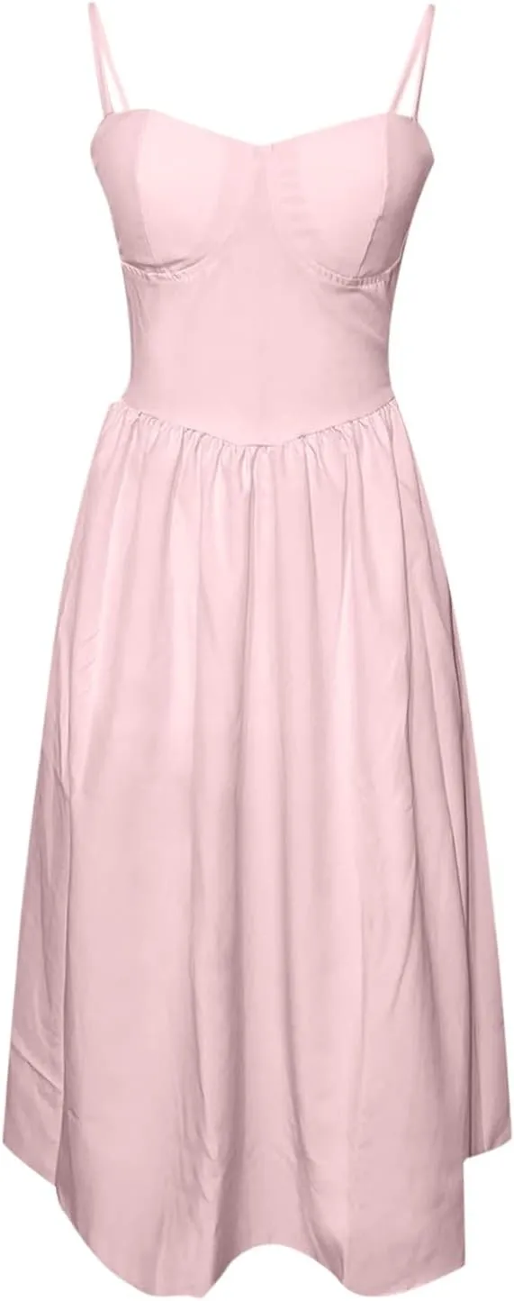 Womens Dress Flowy Pleated Hem Dresses Flowy Midi Dress Swing Party Spaghetti Strap Dresses Travel Vacation Outfits