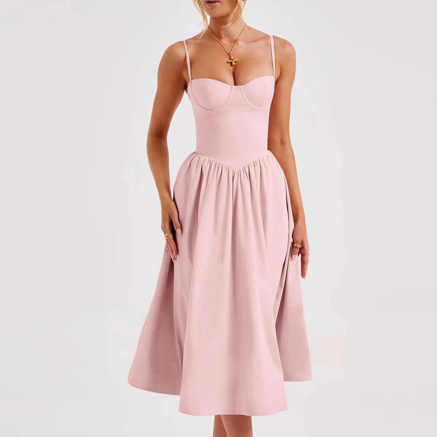 Womens Dress Flowy Pleated Hem Dresses Flowy Midi Dress Swing Party Spaghetti Strap Dresses Travel Vacation Outfits