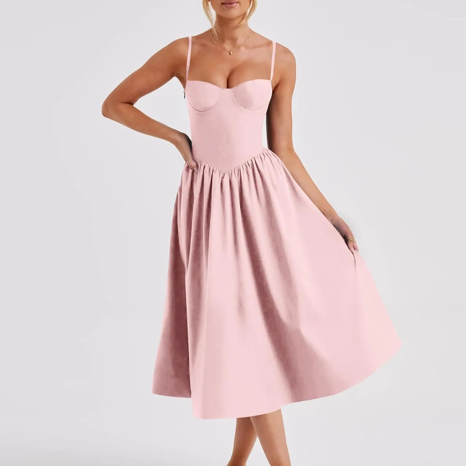Womens Dress Flowy Pleated Hem Dresses Flowy Midi Dress Swing Party Spaghetti Strap Dresses Travel Vacation Outfits