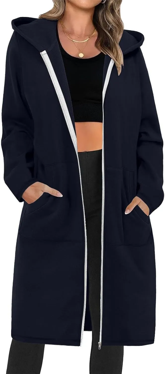Womens Long Length Zip Up Hoodies Lightweight Fleece Jacket Oversized Tunic Sweatshirt Fashion Fall Zipper Hoodie