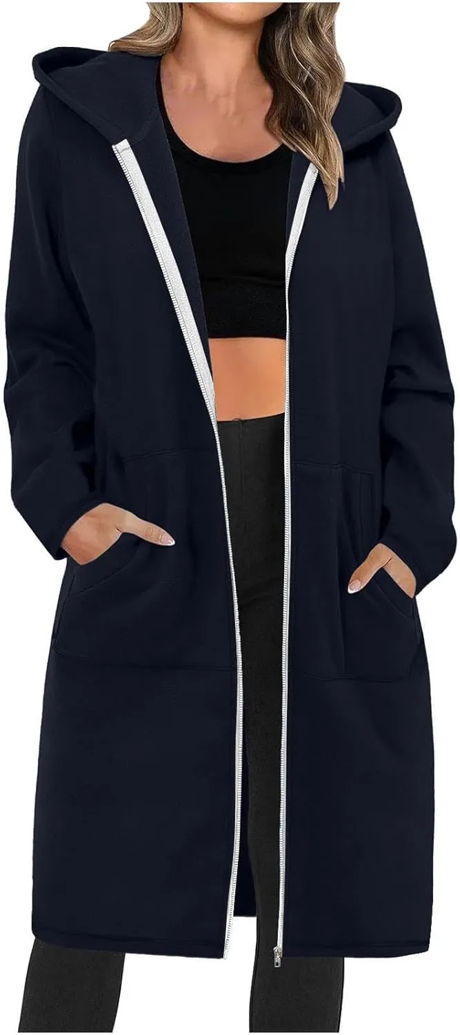 Womens Long Length Zip Up Hoodies Lightweight Fleece Jacket Oversized Tunic Sweatshirt Fashion Fall Zipper Hoodie