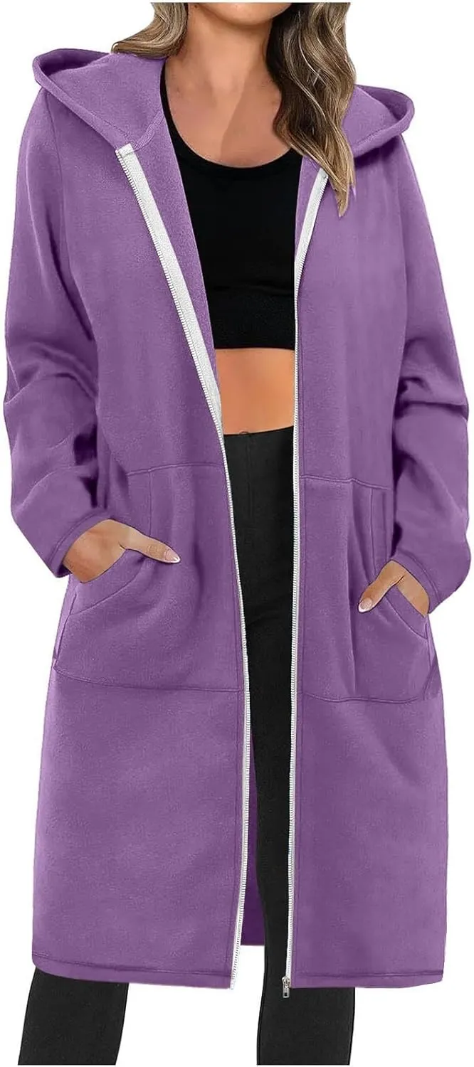 Womens Long Length Zip Up Hoodies Lightweight Fleece Jacket Oversized Tunic Sweatshirt Fashion Fall Zipper Hoodie