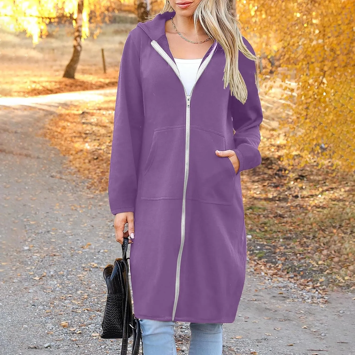 Womens Long Length Zip Up Hoodies Lightweight Fleece Jacket Oversized Tunic Sweatshirt Fashion Fall Zipper Hoodie