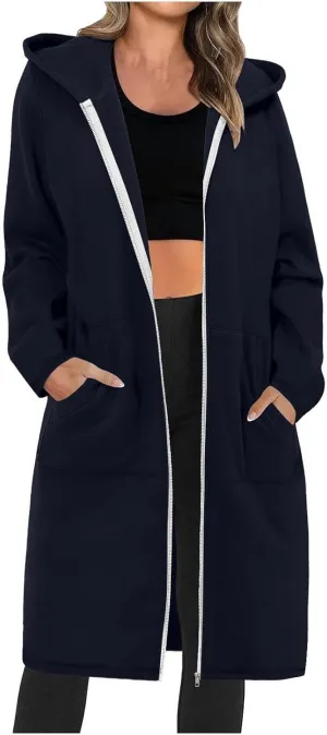 Womens Long Length Zip Up Hoodies Lightweight Fleece Jacket Oversized Tunic Sweatshirt Fashion Fall Zipper Hoodie