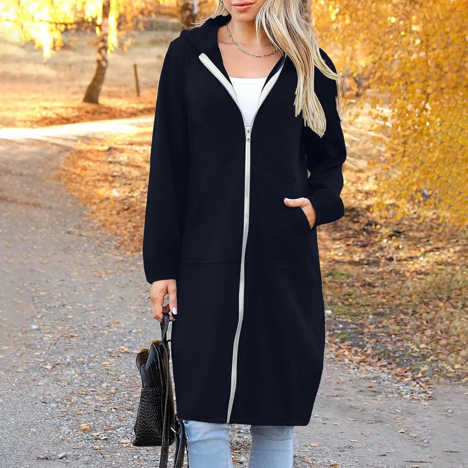 Womens Long Length Zip Up Hoodies Lightweight Fleece Jacket Oversized Tunic Sweatshirt Fashion Fall Zipper Hoodie