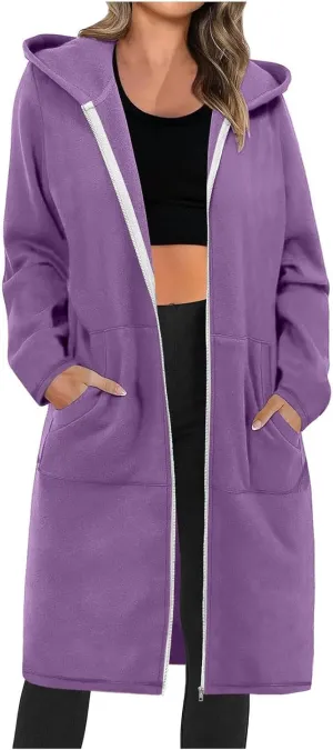 Womens Long Length Zip Up Hoodies Lightweight Fleece Jacket Oversized Tunic Sweatshirt Fashion Fall Zipper Hoodie