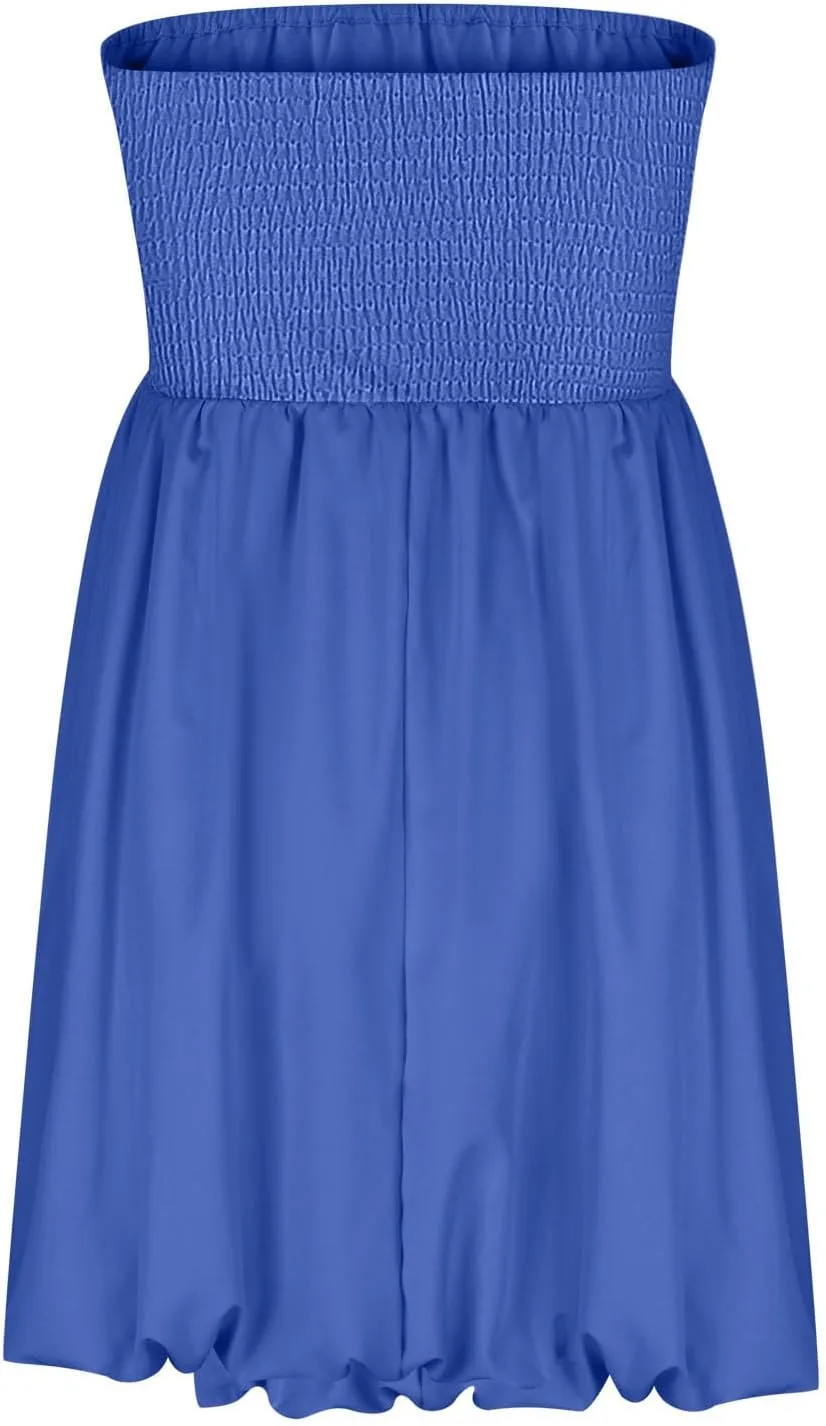 Women's Strapless Tube Top Beach Mini Dress Summer Sleeveless Smocked A Line Dresses Ruffle Beach Vacation Sundress