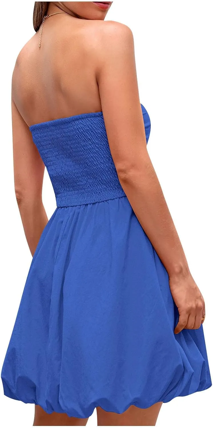 Women's Strapless Tube Top Beach Mini Dress Summer Sleeveless Smocked A Line Dresses Ruffle Beach Vacation Sundress