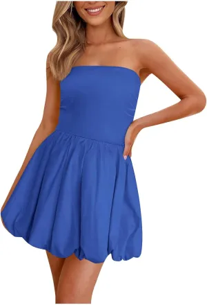 Women's Strapless Tube Top Beach Mini Dress Summer Sleeveless Smocked A Line Dresses Ruffle Beach Vacation Sundress
