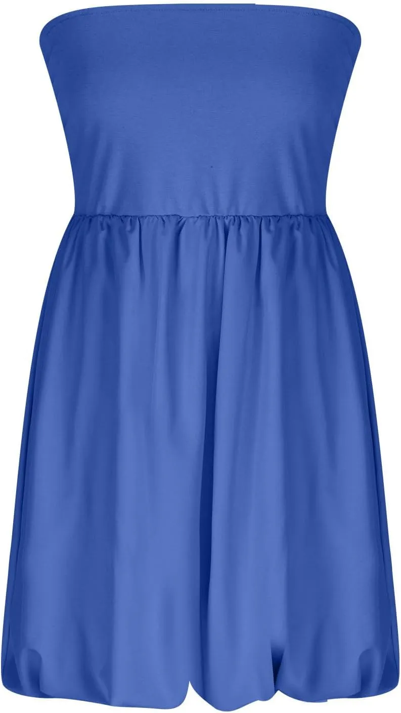 Women's Strapless Tube Top Beach Mini Dress Summer Sleeveless Smocked A Line Dresses Ruffle Beach Vacation Sundress