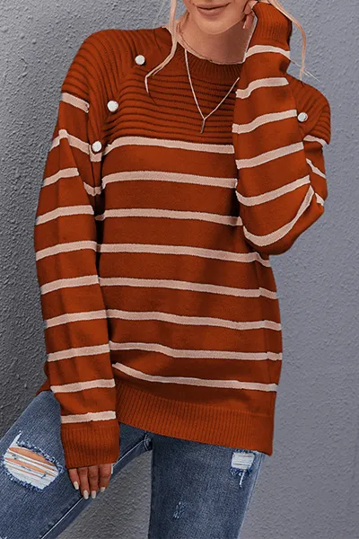 Women's Striped O-Neck Top with Split Detail