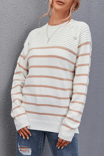 Women's Striped O-Neck Top with Split Detail