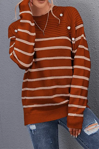 Women's Striped O-Neck Top with Split Detail