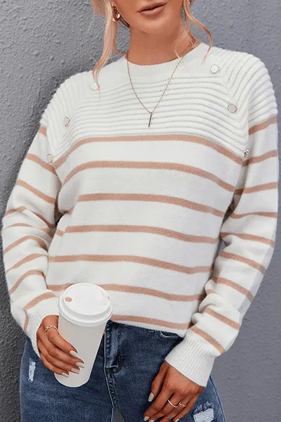 Women's Striped O-Neck Top with Split Detail