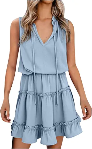 Womens Summer Sleeveless Dress V Neck Drawstring Ruffle Tiered Mini Dresses Fashion Casual Beach Vacation Outfits