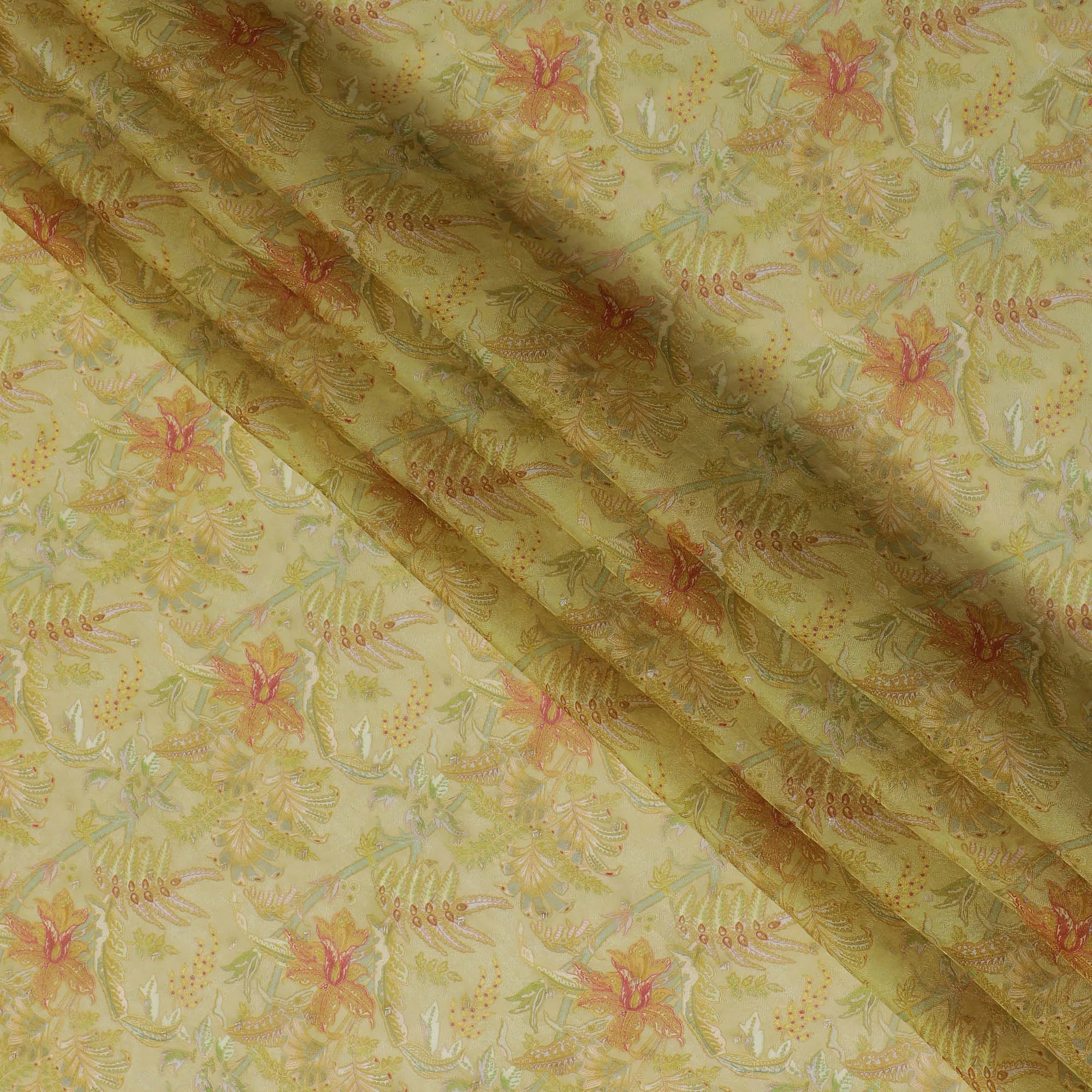 Yellow and Orange Floral Synthetic Organza Fabric - 110 cm Width, Made in India-D19644