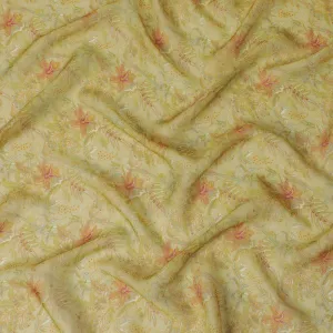 Yellow and Orange Floral Synthetic Organza Fabric - 110 cm Width, Made in India-D19644