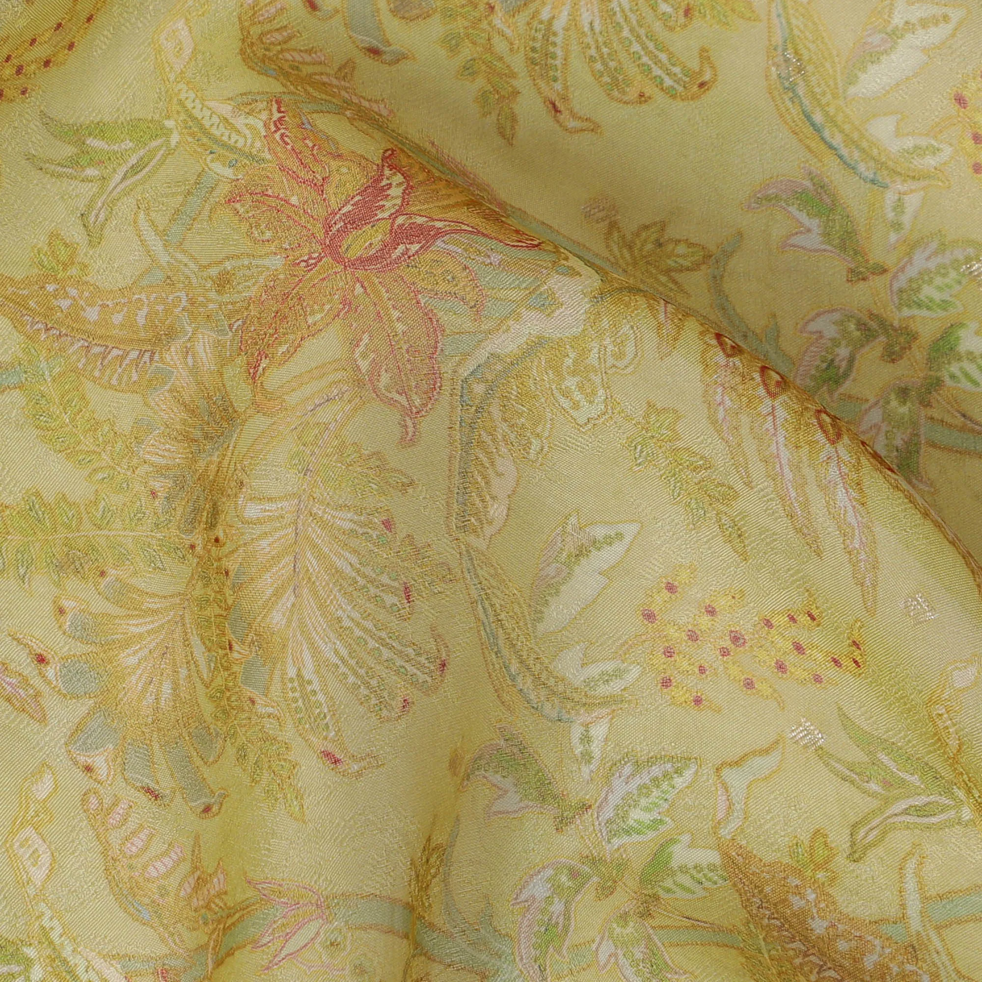 Yellow and Orange Floral Synthetic Organza Fabric - 110 cm Width, Made in India-D19644